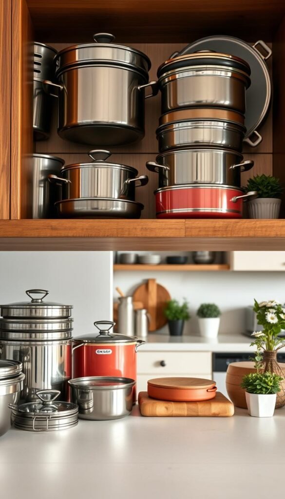 A stylish kitchen scene featuring neatly organized pots, pans, and lids, artfully arranged to minimize clutter and create a visually appealing storage solution. In the foreground, a beautifully designed wooden shelf displays a variety of cookware, including shiny stainless steel and colorful ceramic pots, complemented by sleek glass lids. The middle section captures a cozy, modern kitchen with soft, warm lighting that highlights the textures and colors of the cookware. In the background, light-colored cabinetry and decorative elements like potted herbs enhance the inviting atmosphere. The angle is slightly elevated to provide a perfect overview, conveying a sense of order and tranquility. This image should resonate with a Pinterest aesthetic, perfect for CozyTrendHub.