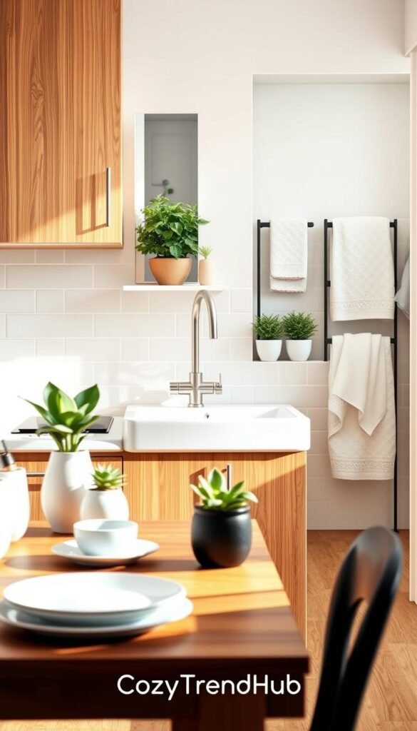 A stylish kitchen setup with cozy upgrades, showcasing warm wood cabinetry, soft lighting, and modern lease-friendly decor elements. In the foreground, a wooden table with decorative houseplants and a set of elegant ceramic dishes. The middle shows a clean and bright kitchen sink area, featuring a sleek, minimalist faucet, and an eye-catching backsplash with pastel tiles that add warmth. On the countertop, a small herb garden in charming pots adds a touch of greenery. The background captures an inviting bathroom space with a soft, neutral color palette, highlighting a chic, towel rack with cozy towels neatly arranged. The overall mood reflects comfort and style, embodying the essence of a cozy apartment. Captured in natural light, evoking a serene atmosphere with a Pinterest-worthy aesthetic, branded with "CozyTrendHub".