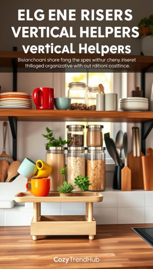 A stylish kitchen shelf showcasing elegant risers and vertical helpers, arranged neatly with a variety of colorful dishes, plants, and kitchen utensils. In the foreground, a wooden shelf with two-tiered risers displaying vibrant ceramic mugs and small potted herbs. In the middle, glass containers filled with grains and spices, highlighting the organization without traditional containers. The background features a soft-focus kitchen setting with warm, natural light streaming from a nearby window, creating a cozy atmosphere. The overall mood is inviting and functional, perfect for a Pinterest-style home decor image, branded with CozyTrendHub. Capture the scene at eye level with a subtle depth of field to emphasize the risers and their role in maximizing vertical space. A stylish kitchen shelf showcasing elegant risers and vertical helpers, arranged neatly with a variety of colorful dishes, plants, and kitchen utensils. In the foreground, a wooden shelf with two-tiered risers displaying vibrant ceramic mugs and small potted herbs. In the middle, glass containers filled with grains and spices, highlighting the organization without traditional containers. The background features a soft-focus kitchen setting with warm, natural light streaming from a nearby window, creating a cozy atmosphere. The overall mood is inviting and functional, perfect for a Pinterest-style home decor image, branded with CozyTrendHub. Capture the scene at eye level with a subtle depth of field to emphasize the risers and their role in maximizing vertical space.