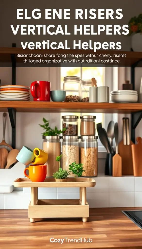 A stylish kitchen shelf showcasing elegant risers and vertical helpers, arranged neatly with a variety of colorful dishes, plants, and kitchen utensils. In the foreground, a wooden shelf with two-tiered risers displaying vibrant ceramic mugs and small potted herbs. In the middle, glass containers filled with grains and spices, highlighting the organization without traditional containers. The background features a soft-focus kitchen setting with warm, natural light streaming from a nearby window, creating a cozy atmosphere. The overall mood is inviting and functional, perfect for a Pinterest-style home decor image, branded with CozyTrendHub. Capture the scene at eye level with a subtle depth of field to emphasize the risers and their role in maximizing vertical space.