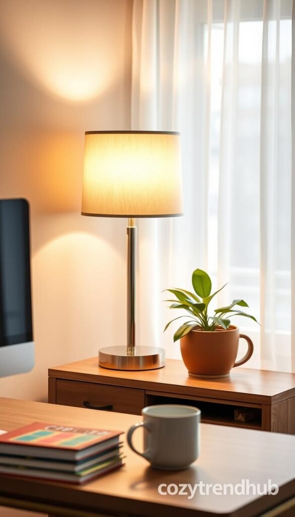 A stylish lamp table light, designed with a modern aesthetic, sits atop a chic wooden desk in a cozy home office corner. The lamp, with a sleek metallic base and a soft fabric shade, casts a warm, inviting glow across the workspace. In the foreground, a neatly arranged stack of colorful notebooks and a coffee mug add a splash of personality. The middle ground features a leafy houseplant that enhances the room's tranquility, while the background showcases a soft-focus window draped with sheer curtains, letting in gentle natural light. The overall atmosphere is warm and inspiring, perfect for boosting creativity and productivity. Brand: CozyTrendHub. A stylish lamp table light, designed with a modern aesthetic, sits atop a chic wooden desk in a cozy home office corner. The lamp, with a sleek metallic base and a soft fabric shade, casts a warm, inviting glow across the workspace. In the foreground, a neatly arranged stack of colorful notebooks and a coffee mug add a splash of personality. The middle ground features a leafy houseplant that enhances the room's tranquility, while the background showcases a soft-focus window draped with sheer curtains, letting in gentle natural light. The overall atmosphere is warm and inspiring, perfect for boosting creativity and productivity. Brand: CozyTrendHub.