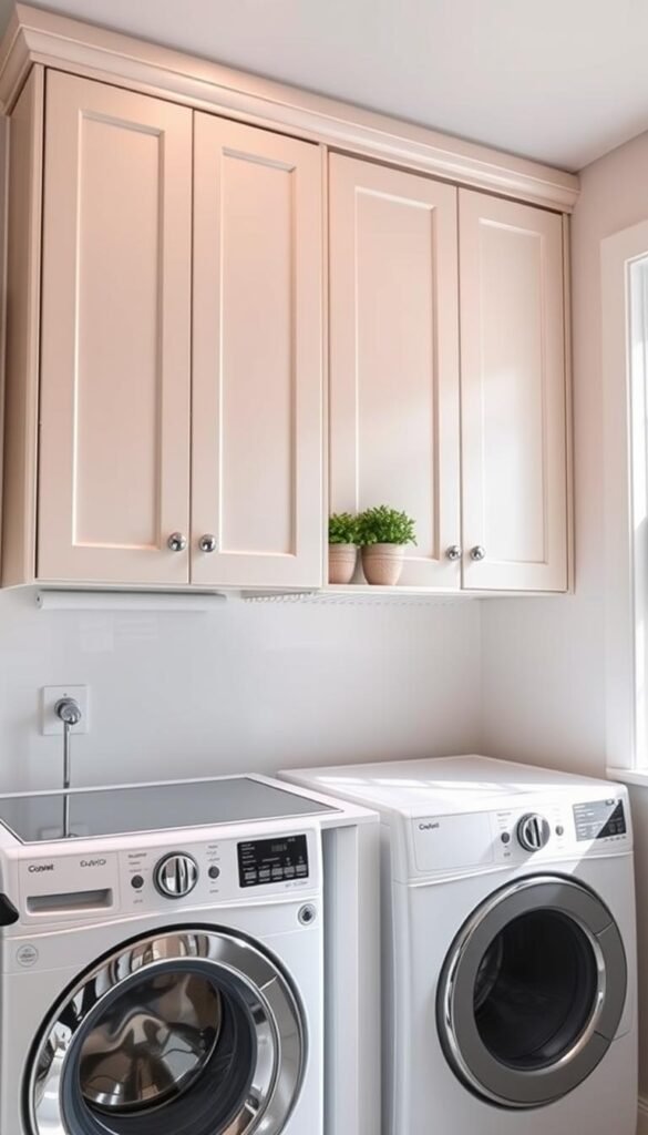 A stylish laundry room features a row of sleek, closed cabinets above a modern washer and dryer. The cabinets are painted in a soft pastel color, blending seamlessly with the light, airy decor of the space. The washer is front-loading, with a chrome finish that reflects soft LED lighting. Above the cabinets, tasteful decorative items like potted plants and neatly organized laundry supplies are subtly visible. The scene captures a clutter-free aesthetic, emphasizing a small space that feels organized and inviting. Natural light streams through a nearby window, enhancing the clean ambiance. The photograph is taken from a slightly low angle to highlight the cabinet's details, creating a cozy, sophisticated atmosphere reminiscent of Pinterest-style home decor. CozyTrendHub.