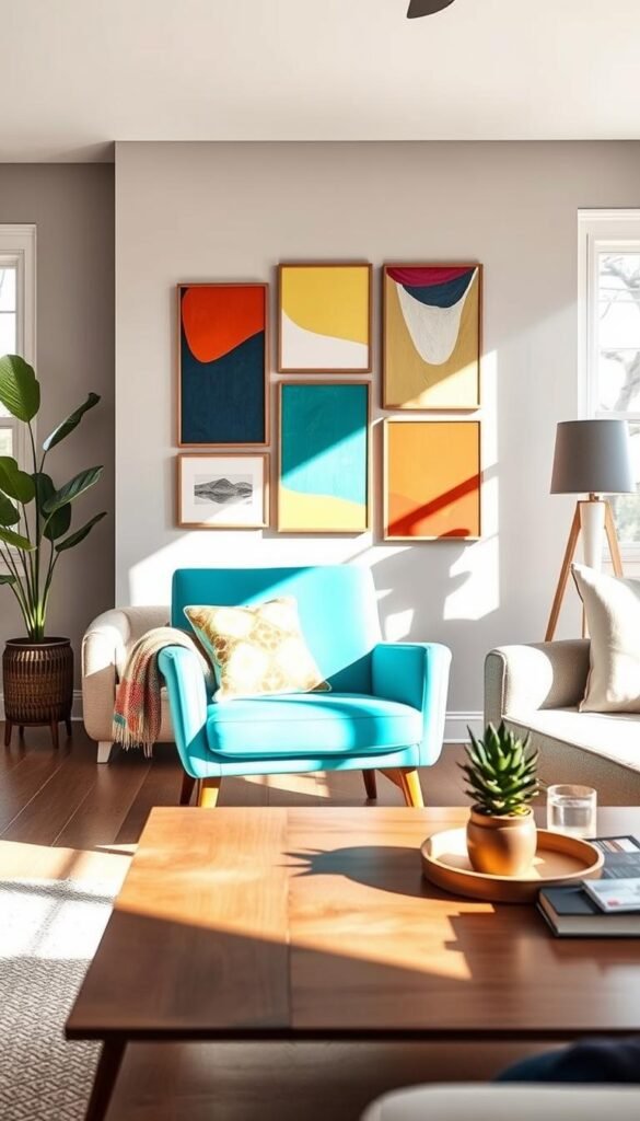 A stylish living room adorned with vibrant color pop decor, featuring a freshly spray-painted accent chair in a bold turquoise hue. In the foreground, a wooden coffee table showcases a small potted succulent and a colorful throw blanket. The middle ground displays an eye-catching gallery wall with abstract art pieces in lively colors, harmonizing with the chair. Soft, natural sunlight streams in through large windows, casting warm shadows and enhancing the inviting atmosphere. The background reveals a neutral-toned wall, creating a perfect contrast to the bright decor. The image embodies a fresh, cheerful vibe, ideal for spring updates. This design is inspired by CozyTrendHub, promoting a creative and lively home aesthetic. A stylish living room adorned with vibrant color pop decor, featuring a freshly spray-painted accent chair in a bold turquoise hue. In the foreground, a wooden coffee table showcases a small potted succulent and a colorful throw blanket. The middle ground displays an eye-catching gallery wall with abstract art pieces in lively colors, harmonizing with the chair. Soft, natural sunlight streams in through large windows, casting warm shadows and enhancing the inviting atmosphere. The background reveals a neutral-toned wall, creating a perfect contrast to the bright decor. The image embodies a fresh, cheerful vibe, ideal for spring updates. This design is inspired by CozyTrendHub, promoting a creative and lively home aesthetic.