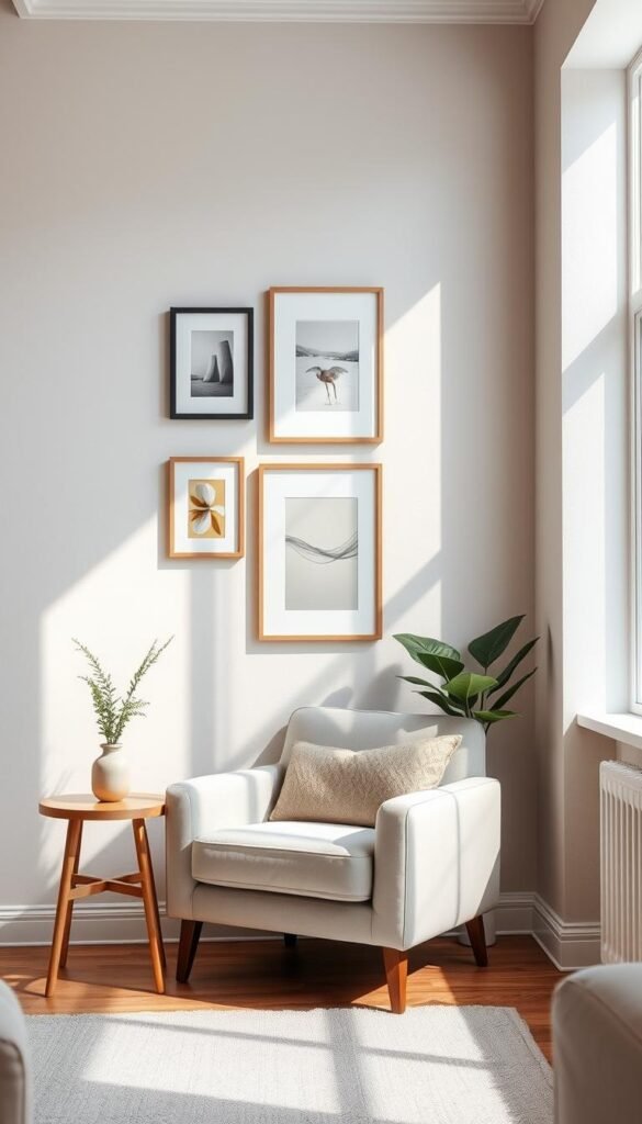 A stylish living room corner designed for small spaces, showcasing placement height tips for wall decor. In the foreground, a cozy armchair sits next to a small wooden side table with a decorative plant. The middle layer features a series of framed art pieces hung vertically at varied heights above the armchair, creating a dynamic visual flow. The backdrop includes soft, neutral-toned walls with subtle texture, enhancing the warmth of the space. Natural light streams in from a window, casting gentle shadows and creating an inviting atmosphere. A polished, modern lens captures the scene from an eye-level angle, bringing attention to the clever arrangement of wall decor. Ideal for a Pinterest-style lifestyle aesthetic, the image reflects the brand CozyTrendHub.