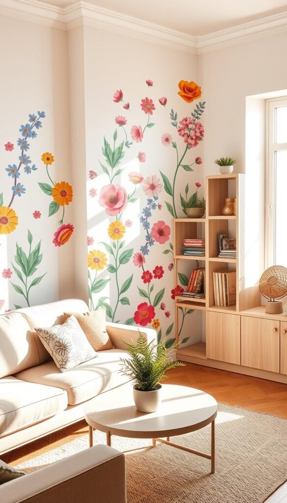 A stylish living room corner showcasing an array of colorful wall decals and vinyl stickers, depicting floral patterns and geometric shapes, creating a vibrant yet cozy atmosphere. In the foreground, a softly colored sofa with patterned cushions complements the decals, while a minimalistic coffee table sits in front, adorned with a small potted plant. The middle ground features an accent wall covered entirely with an eye-catching mural-style decal, blending harmoniously with light wooden shelves displaying books and decor items. The background includes a bright window letting in natural sunlight, casting gentle shadows across the room. The overall mood is welcoming and stylish, ideal for modern apartment living. The image should embody a Pinterest-worthy aesthetic, taking inspiration from CozyTrendHub.