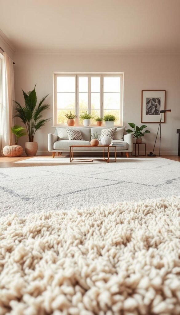 A stylish living room featuring a large, neutral-toned area rug that gracefully anchors the space. The foreground showcases the plush texture of the rug, with soft fibers and subtle patterns in beige and light gray. In the middle, a cozy sofa adorned with decorative pillows rests against a light wall, surrounded by a simple coffee table with a few minimalist decor pieces. In the background, a large window lets in warm, natural light, illuminating potted plants and framed artwork, enhancing the modern atmosphere. The overall mood is serene and inviting, perfect for a neutral decor theme. The image is presented in a bright, airy style, resembling a Pinterest lifestyle photograph, reflecting contemporary design by CozyTrendHub.