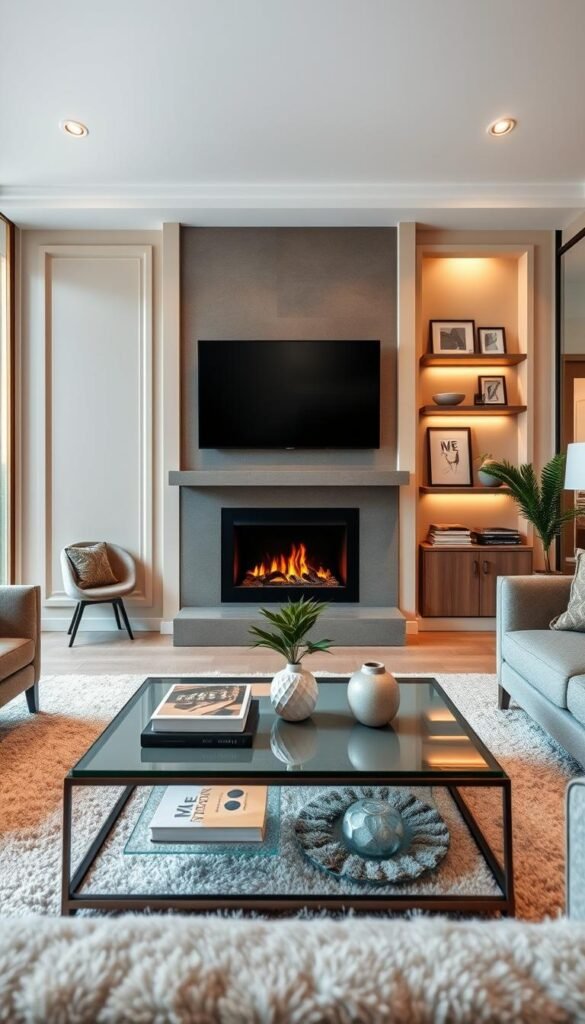 A stylish living room featuring a modern fireplace as the focal point, flanked by elegant, simple paneling in a soft neutral color. In the foreground, a plush area rug and a chic coffee table with decorative books and a centerpiece plant create a cozy atmosphere. The middle ground showcases a sleek media wall with built-in shelves displaying curated decor items, enhancing the space's warmth and character. In the background, large windows allow natural light to flood the room, highlighting the textures of the furnishings. Soft, ambient lighting sets a calm and inviting mood. This Pinterest-style lifestyle photo, themed around home decor, is designed for CozyTrendHub, evoking comfort and style in an upscale yet approachable setting. A stylish living room featuring a modern fireplace as the focal point, flanked by elegant, simple paneling in a soft neutral color. In the foreground, a plush area rug and a chic coffee table with decorative books and a centerpiece plant create a cozy atmosphere. The middle ground showcases a sleek media wall with built-in shelves displaying curated decor items, enhancing the space's warmth and character. In the background, large windows allow natural light to flood the room, highlighting the textures of the furnishings. Soft, ambient lighting sets a calm and inviting mood. This Pinterest-style lifestyle photo, themed around home decor, is designed for CozyTrendHub, evoking comfort and style in an upscale yet approachable setting.