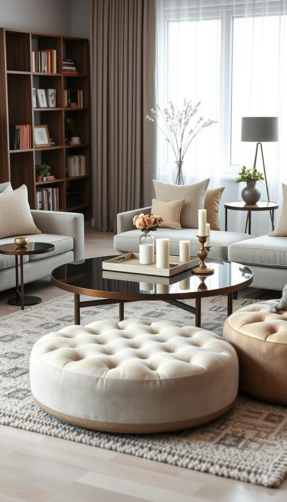 A stylish living room featuring a range of tables and surfaces, including a modern coffee table in the center, flanked by elegant side tables. The coffee table is adorned with a decorative tray, candles, and a small vase of fresh flowers, adding a pop of color. Comfortable, plush ottomans surround the coffee table, inviting relaxation. The background showcases a beautifully arranged bookshelf and a soft, textured rug that adds warmth to the space. Soft, natural lighting filters in through a large window, creating a cozy and inviting ambiance. The overall mood is harmonious and welcoming, perfect for a shared living room. Capture this picturesque scene in a realistic, Pinterest-style image that embodies the essence of home decor by CozyTrendHub.