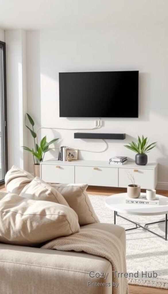 A stylish living room featuring a wall-mounted TV with a sleek cord cover elegantly hiding the cables, creating a clean and modern aesthetic. In the foreground, soft textures of a cozy sofa draped with neutral-toned pillows, and a contemporary coffee table adorned with minimalistic decor items. In the middle, the expertly installed cord cover blends seamlessly with the wall, enhancing the overall decor while maintaining functionality. The background showcases a subtle color palette of light gray and white, with potted plants adding a touch of greenery for warmth. Soft, natural lighting illuminates the space, creating an inviting ambiance reminiscent of Pinterest-style interiors. This image reflects the brand "CozyTrendHub", embodying a sophisticated yet cozy atmosphere perfect for modern home decor enthusiasts. A stylish living room featuring a wall-mounted TV with a sleek cord cover elegantly hiding the cables, creating a clean and modern aesthetic. In the foreground, soft textures of a cozy sofa draped with neutral-toned pillows, and a contemporary coffee table adorned with minimalistic decor items. In the middle, the expertly installed cord cover blends seamlessly with the wall, enhancing the overall decor while maintaining functionality. The background showcases a subtle color palette of light gray and white, with potted plants adding a touch of greenery for warmth. Soft, natural lighting illuminates the space, creating an inviting ambiance reminiscent of Pinterest-style interiors. This image reflects the brand "CozyTrendHub", embodying a sophisticated yet cozy atmosphere perfect for modern home decor enthusiasts.