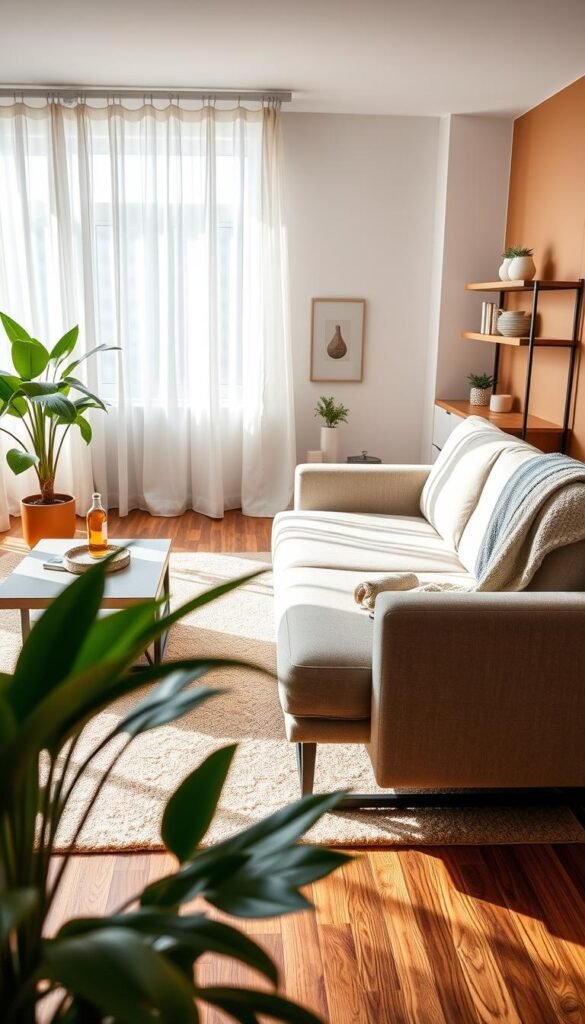 A stylish living room featuring double-duty furniture designed for small spaces, highlighting a modern sofa that converts into a bed, combined with an elegant coffee table that opens up for storage. The foreground showcases a lush indoor plant and a cozy throw blanket draped over the couch. In the middle, natural light filters through sheer curtains, illuminating a tasteful rug beneath the furniture. The background includes minimalist shelves with decorative items and a warm accent wall in soft tones. Capture a Pinterest-worthy vibe with a well-composed shot using a 35mm lens at eye level, emphasizing warmth and inviting atmosphere. Use bright, diffused lighting to create a cheerful mood, and ensure the overall look reflects the brand "CozyTrendHub".
