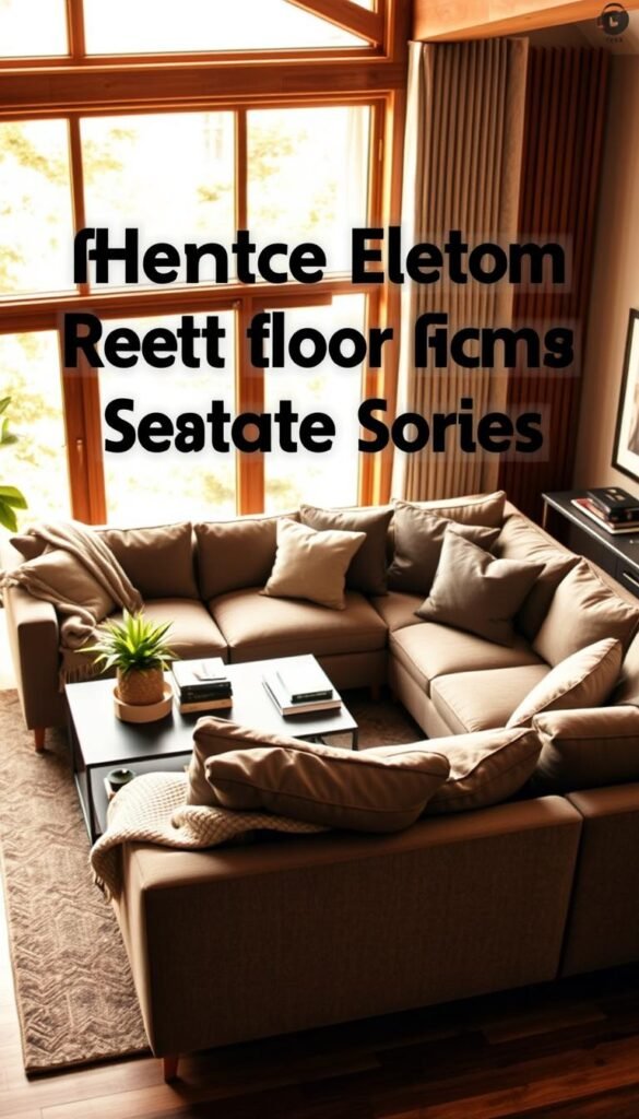 A stylish living room featuring modular seating from CozyTrendHub, designed to adapt seamlessly to both current and future spaces. In the foreground, a plush, sectional sofa in muted earth tones is elegantly arranged to show versatility, with cozy throw pillows and a soft blanket casually draped over one arm. The middle ground showcases a chic coffee table adorned with decorative books and a vibrant plant, enhancing the inviting atmosphere. The background features a large window allowing warm, natural light to pour in, illuminating the room's wooden accents and minimalist decor. The overall mood conveys a sense of modern comfort and flexibility, perfect for renters seeking stylish yet adaptable living solutions. Soft focus and a slight overhead angle emphasize the inviting nature of the space.