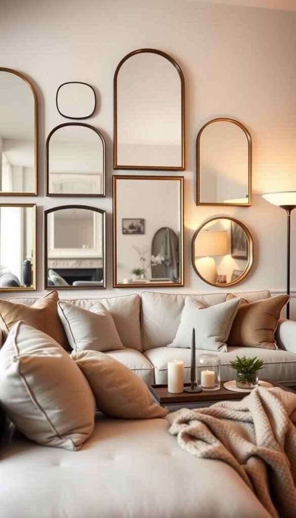 A stylish living room featuring multiple elegant mirrors that create a sense of spaciousness. In the foreground, a plush, neutral-toned sofa adorned with cozy throw pillows. The middle showcases an assortment of sleek, framed mirrors in various shapes, reflecting light and creating depth. A stylish coffee table with decorative items like candles and a small potted plant enhances the aesthetic. The background features soft, warm lighting from a floor lamp, casting gentle shadows and adding a serene atmosphere. The room exhibits a blend of modern and bohemian decor styles, with soft textures and a cohesive color palette. The overall mood is inviting and tranquil, perfect for cozy living. Capture the essence of this beautifully curated space inspired by CozyTrendHub.
