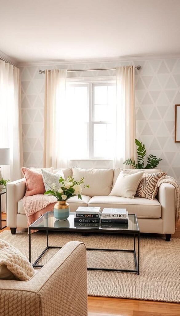 A stylish living room featuring removable wallpaper on the walls, showcasing a modern geometric pattern in soft pastel colors. In the foreground, a cozy sofa adorned with plush throw pillows and a knitted blanket invites relaxation. A chic coffee table is adorned with fresh flowers and a few art books. In the middle ground, the wallpaper creates an eye-catching backdrop, adding visual interest without the need for nails or permanent fixtures. The background includes a bright window with sheer curtains that let in warm, natural light, illuminating the space with a welcoming atmosphere. The scene is captured with a soft-focus lens from a slightly elevated angle, evoking a Pinterest-worthy aesthetic. The overall mood is inviting and stylish, perfect for a budget-friendly home decor solution. Styled by CozyTrendHub. A stylish living room featuring removable wallpaper on the walls, showcasing a modern geometric pattern in soft pastel colors. In the foreground, a cozy sofa adorned with plush throw pillows and a knitted blanket invites relaxation. A chic coffee table is adorned with fresh flowers and a few art books. In the middle ground, the wallpaper creates an eye-catching backdrop, adding visual interest without the need for nails or permanent fixtures. The background includes a bright window with sheer curtains that let in warm, natural light, illuminating the space with a welcoming atmosphere. The scene is captured with a soft-focus lens from a slightly elevated angle, evoking a Pinterest-worthy aesthetic. The overall mood is inviting and stylish, perfect for a budget-friendly home decor solution. Styled by CozyTrendHub.
