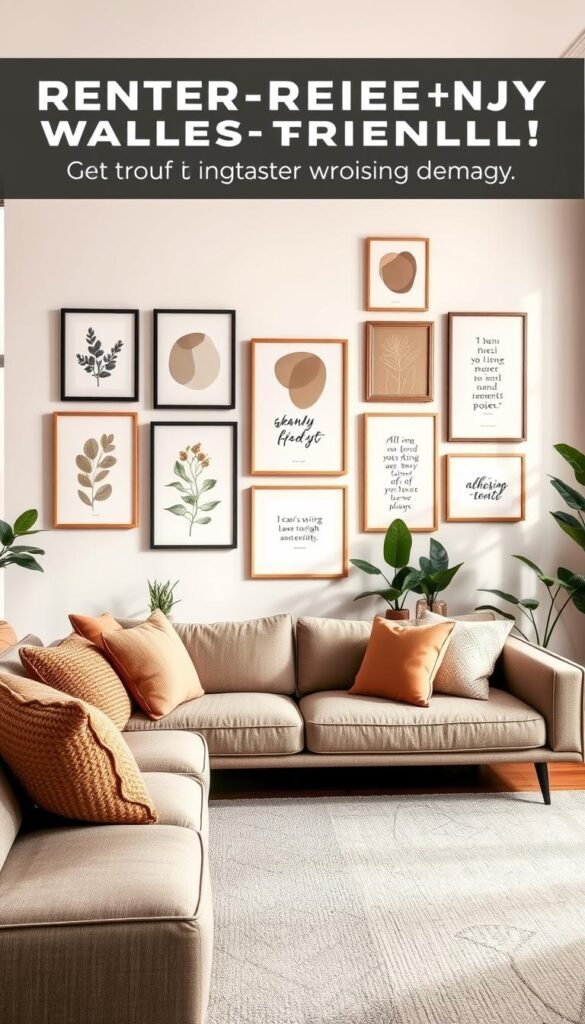 A stylish living room featuring renter-friendly wall artwork that adds character without damage. In the foreground, a cozy sofa adorned with textured cushions in earthy tones. The middle showcases an eye-catching gallery wall with a variety of framed prints: botanical illustrations, abstract shapes in muted colors, and inspiring quotes, all hung using adhesive hooks. The background reveals a well-lit space with soft natural light filtering through large windows, highlighting a modern rug and potted plants that enhance the inviting atmosphere. Captured from a slightly elevated angle with a 50mm lens to create depth, the overall mood is warm and inviting, perfect for a modern home. Brand name: CozyTrendHub.