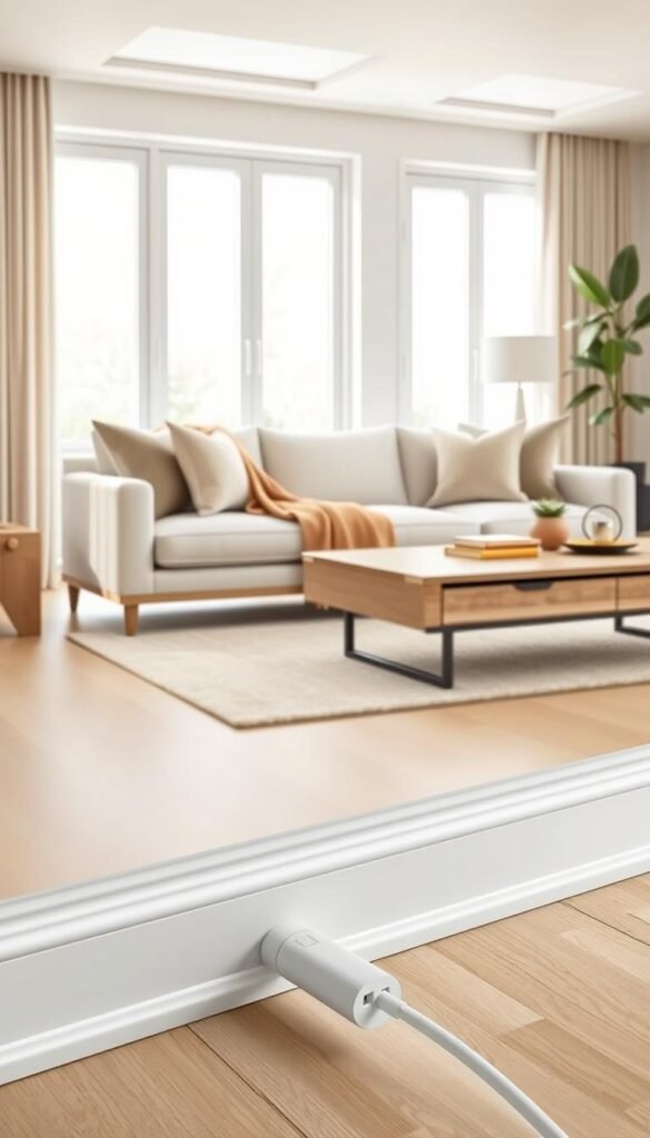 A stylish living room scene featuring a modern cord cover elegantly blending with the decor. In the foreground, the cord cover is subtly integrated with a sleek, light-colored baseboard, showcasing its design. The middle layer displays a cozy sofa adorned with plush cushions, a warm throw blanket, and a coffee table with decorative elements like a small plant and a chic lamp. In the background, large windows let in soft, natural light, which enhances the inviting atmosphere of the space. The overall mood is warm and welcoming, emphasizing a clean and organized environment. This Pinterest-style lifestyle photo reflects the essence of home decor while highlighting the practicality of cord covers. The image is branded with "CozyTrendHub" in a tasteful manner. A stylish living room scene featuring a modern cord cover elegantly blending with the decor. In the foreground, the cord cover is subtly integrated with a sleek, light-colored baseboard, showcasing its design. The middle layer displays a cozy sofa adorned with plush cushions, a warm throw blanket, and a coffee table with decorative elements like a small plant and a chic lamp. In the background, large windows let in soft, natural light, which enhances the inviting atmosphere of the space. The overall mood is warm and welcoming, emphasizing a clean and organized environment. This Pinterest-style lifestyle photo reflects the essence of home decor while highlighting the practicality of cord covers. The image is branded with "CozyTrendHub" in a tasteful manner.