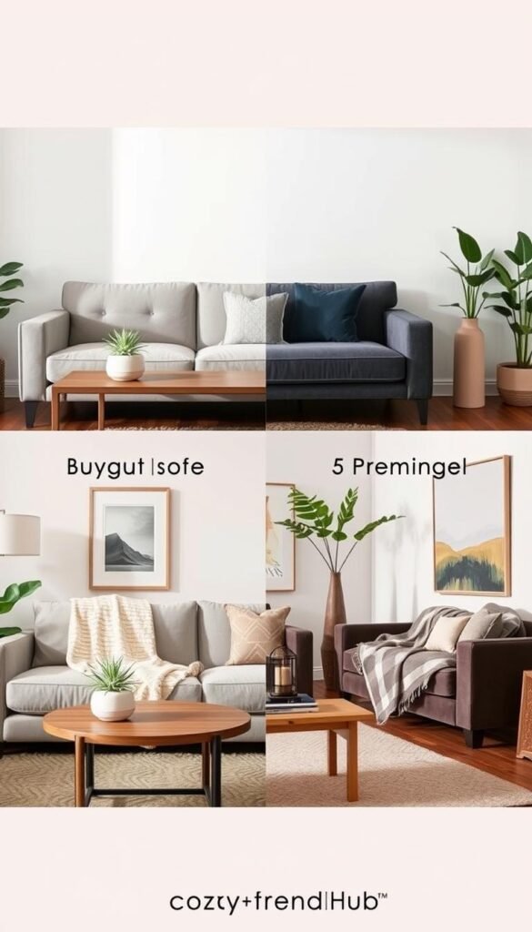 A stylish living room scene split into two sections: on the left, showcase five budget decor pieces, including an affordable sofa, a simple coffee table, a decorative plant in a ceramic pot, a cozy throw blanket, and a wall art print. On the right, display five premium alternatives, such as a luxurious velvet sofa, a handmade wooden coffee table, a tall designer plant in a sleek vase, an elegant cashmere throw, and original artwork from a renowned artist. The furniture should be arranged in a way that allows for clear comparison. Use soft, natural lighting to enhance the inviting atmosphere and create a warm mood. Capture the image from a slightly elevated angle to provide a comprehensive view. Ensure a Pinterest-style aesthetic that reflects modern comfort. Brand mention: CozyTrendHub. A stylish living room scene split into two sections: on the left, showcase five budget decor pieces, including an affordable sofa, a simple coffee table, a decorative plant in a ceramic pot, a cozy throw blanket, and a wall art print. On the right, display five premium alternatives, such as a luxurious velvet sofa, a handmade wooden coffee table, a tall designer plant in a sleek vase, an elegant cashmere throw, and original artwork from a renowned artist. The furniture should be arranged in a way that allows for clear comparison. Use soft, natural lighting to enhance the inviting atmosphere and create a warm mood. Capture the image from a slightly elevated angle to provide a comprehensive view. Ensure a Pinterest-style aesthetic that reflects modern comfort. Brand mention: CozyTrendHub.
