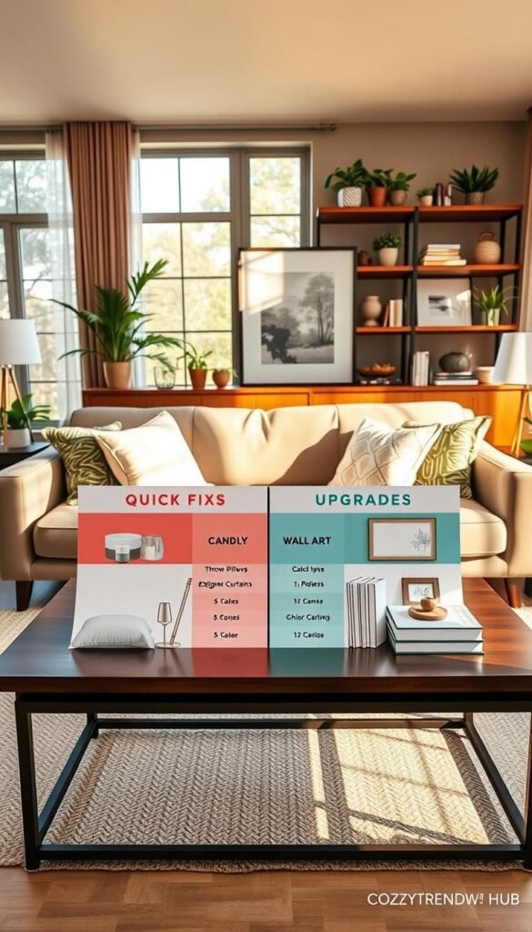 A stylish living room setting, showcasing a stylish comparison between quick fixes and upgrades. In the foreground, a modern coffee table displays a colorful comparison chart with visuals of affordable decor items like throw pillows, candles, and wall art on one side, and chic upgrades like a designer lamp, elegant curtains, and an abstract painting on the other. The middle features a plush couch adorned with cozy textiles, while the background highlights tastefully arranged shelves with indoor plants and decor books. The lighting is warm and inviting, replicating afternoon sunlight through large windows, casting soft shadows. The overall mood is fresh and inspirational, perfect for a home decor article from CozyTrendHub. Shot at eye level with a wide-angle lens to capture the entire room layout. A stylish living room setting, showcasing a stylish comparison between quick fixes and upgrades. In the foreground, a modern coffee table displays a colorful comparison chart with visuals of affordable decor items like throw pillows, candles, and wall art on one side, and chic upgrades like a designer lamp, elegant curtains, and an abstract painting on the other. The middle features a plush couch adorned with cozy textiles, while the background highlights tastefully arranged shelves with indoor plants and decor books. The lighting is warm and inviting, replicating afternoon sunlight through large windows, casting soft shadows. The overall mood is fresh and inspirational, perfect for a home decor article from CozyTrendHub. Shot at eye level with a wide-angle lens to capture the entire room layout.