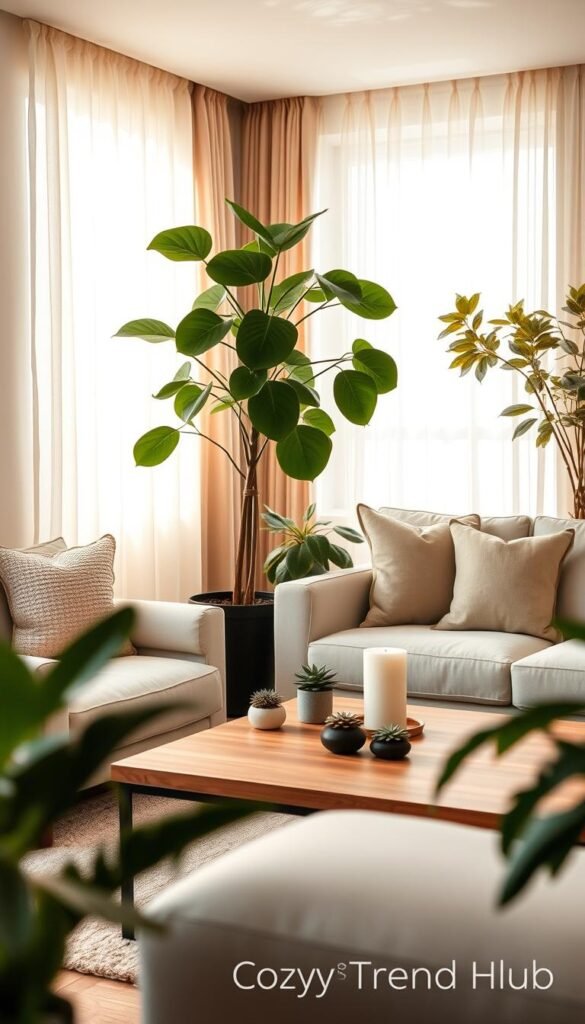 A stylish living room showcasing a variety of indoor plants, designed for a modern aesthetic. In the foreground, a large potted fiddle leaf fig tree with glossy green leaves stands next to a cozy, light-colored sofa adorned with textured cushions. In the middle, a sleek wooden coffee table features small potted succulents and a minimalist candle arrangement. The background displays a softly lit window with sheer curtains, allowing warm, natural light to filter in, creating a serene atmosphere. Soft shadows dance across the walls, enhancing the relaxed vibe. The overall mood is fresh and inviting, perfect for illustrating the beauty of greenery in home decor. Image style reminiscent of Pinterest aesthetics, branded with "CozyTrendHub".
