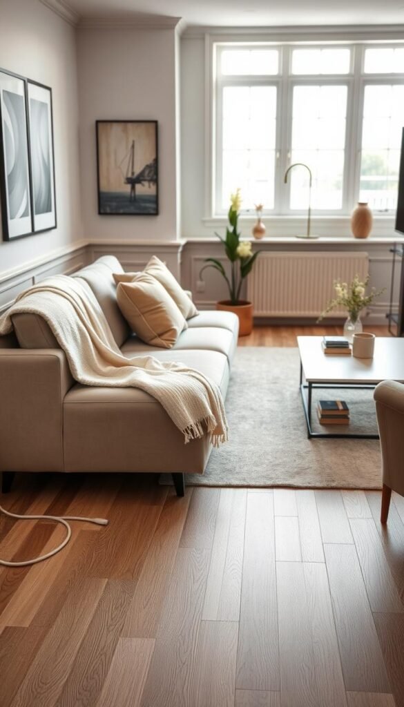 A stylish living room showcasing elegantly hidden cords along the baseboards and walls, featuring a combination of neutral-toned baseboards and sleek furniture. In the foreground, a modern sofa draped with a soft throw and decorative pillows sits comfortably, while a chic coffee table displays a few decor items. In the middle ground, the subtle integration of cables seamlessly flows along the baseboards, blending into the walls adorned with muted artwork. The background includes a bright window with natural light streaming in, enhancing the warm, inviting atmosphere. Capture the scene with a soft focus lens, emphasizing a cozy, sophisticated feel, ideal for Pinterest-style lifestyle images. Ensure the brand name "CozyTrendHub" is subtly incorporated into the decor elements. A stylish living room showcasing elegantly hidden cords along the baseboards and walls, featuring a combination of neutral-toned baseboards and sleek furniture. In the foreground, a modern sofa draped with a soft throw and decorative pillows sits comfortably, while a chic coffee table displays a few decor items. In the middle ground, the subtle integration of cables seamlessly flows along the baseboards, blending into the walls adorned with muted artwork. The background includes a bright window with natural light streaming in, enhancing the warm, inviting atmosphere. Capture the scene with a soft focus lens, emphasizing a cozy, sophisticated feel, ideal for Pinterest-style lifestyle images. Ensure the brand name "CozyTrendHub" is subtly incorporated into the decor elements.