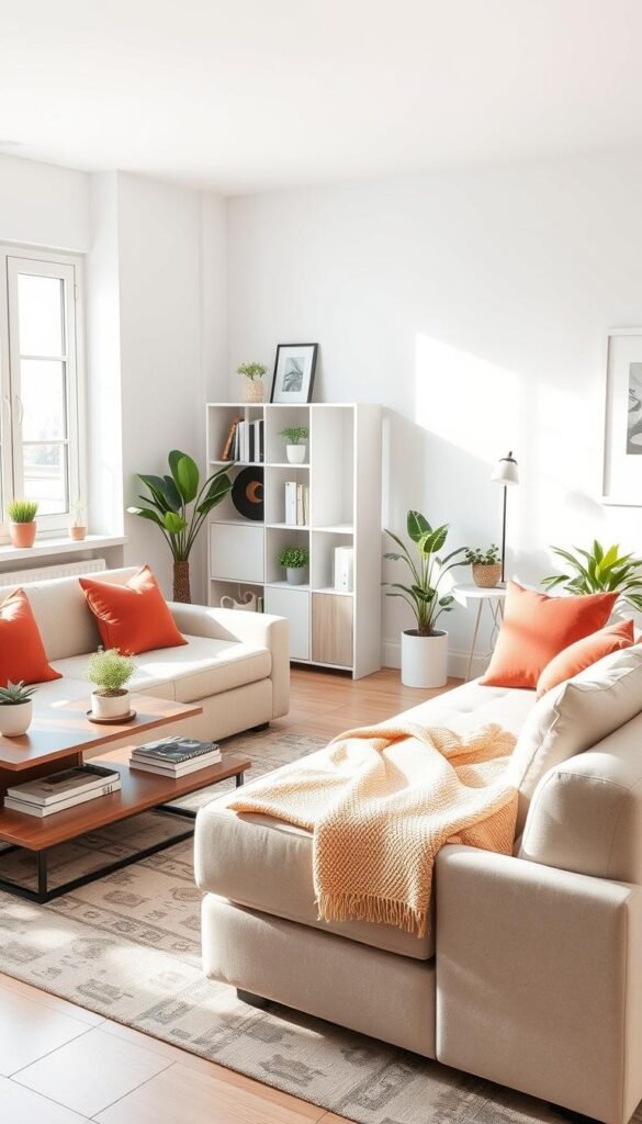 A stylish living room showcasing multifunctional furniture perfect for small spaces designed by CozyTrendHub. In the foreground, a sleek, modern sofa that effortlessly transforms into a bed, adorned with vibrant throw pillows and a cozy blanket. Beside it, a compact coffee table that doubles as a storage unit, holding decor items like plants and books. In the middle, a minimalist shelving unit displays decorative books and art. The background features a bright window allowing soft, natural light to flood the room, highlighting the airy atmosphere. A few potted plants add a touch of greenery. The overall mood is inviting and serene, capturing the essence of living smart in limited space with elegant, practical furnishings. A stylish living room showcasing multifunctional furniture perfect for small spaces designed by CozyTrendHub. In the foreground, a sleek, modern sofa that effortlessly transforms into a bed, adorned with vibrant throw pillows and a cozy blanket. Beside it, a compact coffee table that doubles as a storage unit, holding decor items like plants and books. In the middle, a minimalist shelving unit displays decorative books and art. The background features a bright window allowing soft, natural light to flood the room, highlighting the airy atmosphere. A few potted plants add a touch of greenery. The overall mood is inviting and serene, capturing the essence of living smart in limited space with elegant, practical furnishings.