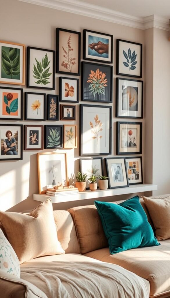 A stylish living room wall adorned with an array of vibrant prints and framed photos in various sizes, showcasing an eclectic mix of botanical art, abstract designs, and personal memories. The centerpiece features a sleek picture ledge, artfully displaying chic decorative items such as small potted plants and art books. Soft, natural light streams through a nearby window, casting gentle shadows that enhance the textures and colors of the prints. The atmosphere is warm and inviting, evoking a sense of cozy homeliness. The wall itself is in a light neutral shade to allow the artwork to stand out. Capture this scene in a slightly angled view, mimicking a Pinterest lifestyle photo aesthetic, with a focus on harmony and simplicity. Ideal for home decor enthusiasts seeking inspiration from CozyTrendHub.