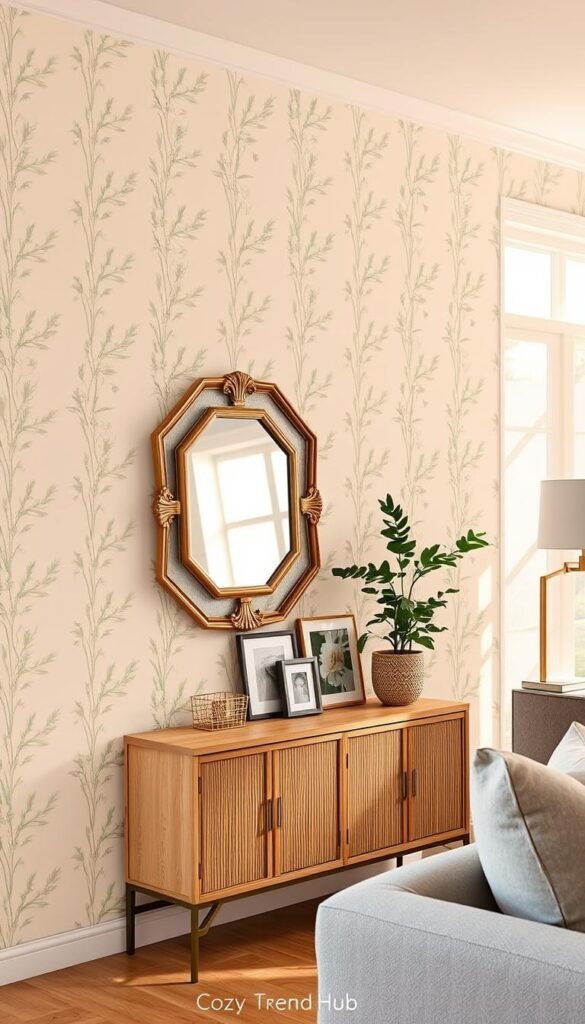 A stylish living room wall adorned with peel-and-stick wallpaper featuring a subtle botanical design in soft green and beige tones, creating a cozy and inviting atmosphere. In the foreground, a decorative mirror with an elegant frame reflects warm, natural light from a nearby window, enhancing the space's brightness. The middle ground showcases a minimalist wooden console table with tasteful art pieces and a potted plant, adding character to the room. In the background, a hint of a plush, neutral-toned sofa can be seen, complementing the overall decor. The lighting is soft and warm, evoking a serene and inviting feel, perfect for a home setting. This Pinterest-style image is presented by CozyTrendHub, capturing the essence of modern interior design. A stylish living room wall adorned with peel-and-stick wallpaper featuring a subtle botanical design in soft green and beige tones, creating a cozy and inviting atmosphere. In the foreground, a decorative mirror with an elegant frame reflects warm, natural light from a nearby window, enhancing the space's brightness. The middle ground showcases a minimalist wooden console table with tasteful art pieces and a potted plant, adding character to the room. In the background, a hint of a plush, neutral-toned sofa can be seen, complementing the overall decor. The lighting is soft and warm, evoking a serene and inviting feel, perfect for a home setting. This Pinterest-style image is presented by CozyTrendHub, capturing the essence of modern interior design.