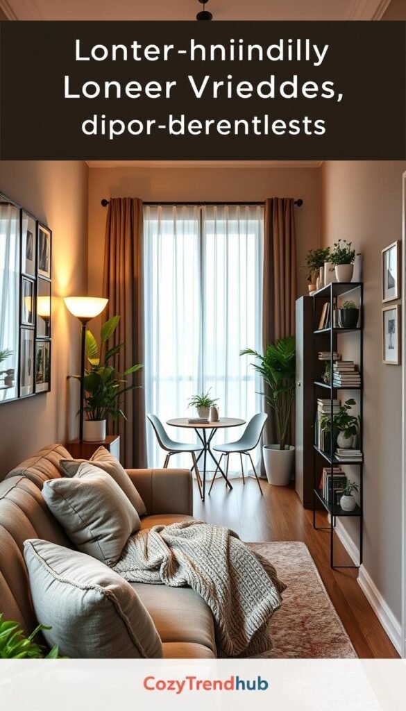 A stylish long narrow room designed for renters, showcasing renter-friendly decor upgrades. In the foreground, a cozy sitting area featuring a plush, low-profile sofa adorned with soft throw pillows and a knitted blanket. The middle section includes a stunning gallery wall with framed art prints, plants in decorative pots, and a slim bookshelf filled with books and decorative items. In the background, a warm, ambient glow from a floor lamp highlights a small dining nook with a stylish table and minimalist chairs. Soft, natural light filters through sheer curtains, creating an inviting atmosphere. The overall mood is relaxed and chic, designed for a modern lifestyle. This Pinterest-style image reflects the essence of CozyTrendHub, embracing a contemporary aesthetic perfect for narrow spaces. A stylish long narrow room designed for renters, showcasing renter-friendly decor upgrades. In the foreground, a cozy sitting area featuring a plush, low-profile sofa adorned with soft throw pillows and a knitted blanket. The middle section includes a stunning gallery wall with framed art prints, plants in decorative pots, and a slim bookshelf filled with books and decorative items. In the background, a warm, ambient glow from a floor lamp highlights a small dining nook with a stylish table and minimalist chairs. Soft, natural light filters through sheer curtains, creating an inviting atmosphere. The overall mood is relaxed and chic, designed for a modern lifestyle. This Pinterest-style image reflects the essence of CozyTrendHub, embracing a contemporary aesthetic perfect for narrow spaces.