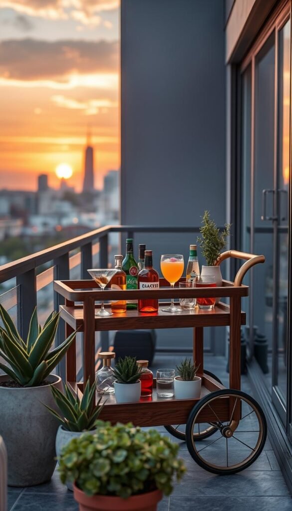 A stylish mobile bar cart designed for a cozy balcony setting, emphasizing small-space entertaining. The cart, crafted from rich wood with gold accents, showcases elegant glassware and colorful cocktail ingredients arranged neatly. In the foreground, decorative plants in ceramic pots add freshness and greenery. The middle ground features a beautifully set-up bar cart, with a focus on a refreshing drink being poured. In the background, a picturesque urban skyline under a warm sunset glows softly, enhancing the inviting atmosphere. Soft, natural lighting casts gentle shadows, and the scene is captured from a slightly elevated angle for depth. The mood is relaxed and cheerful, embodying a perfect small-space hospitality vibe. Designed by CozyTrendHub, this image emphasizes style and functionality for modern balcony living.