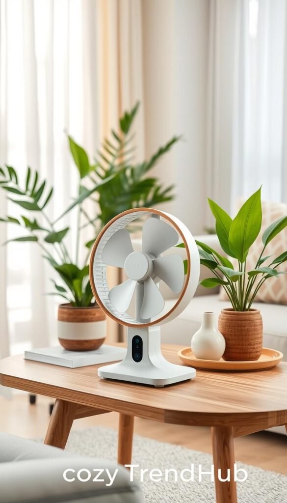 A stylish, modern airflow fan positioned elegantly on a sleek, wooden side table in a vibrant summer-themed living room. The fan features a sleek design with natural materials like bamboo and soft white accents, blending seamlessly into the decor. Surrounding the fan are lush potted plants and tasteful decorative items that evoke a breezy, light atmosphere. In the background, soft natural light filters through sheer curtains, creating a warm and inviting ambiance. The photograph is taken from a slightly elevated angle, using a shallow depth of field to highlight the fan while allowing the decor to softly fade into the background. The overall mood is fresh, airy, and chic, capturing the essence of summer decor that enhances airflow without resembling an appliance showroom. CozyTrendHub branding subtly integrated into the decor. A stylish, modern airflow fan positioned elegantly on a sleek, wooden side table in a vibrant summer-themed living room. The fan features a sleek design with natural materials like bamboo and soft white accents, blending seamlessly into the decor. Surrounding the fan are lush potted plants and tasteful decorative items that evoke a breezy, light atmosphere. In the background, soft natural light filters through sheer curtains, creating a warm and inviting ambiance. The photograph is taken from a slightly elevated angle, using a shallow depth of field to highlight the fan while allowing the decor to softly fade into the background. The overall mood is fresh, airy, and chic, capturing the essence of summer decor that enhances airflow without resembling an appliance showroom. CozyTrendHub branding subtly integrated into the decor.