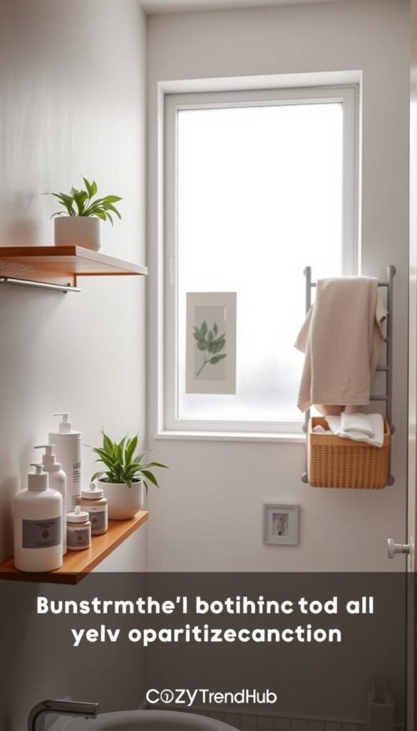 A stylish, modern apartment bathroom elegantly organized to solve clutter problems, showcasing various practical organizers. In the foreground, a sleek bamboo shelf holds neatly arranged toiletries and a decorative plant. The middle features a wall-mounted rack with towels and an aesthetically pleasing storage basket containing bathroom essentials. In the background, soft, natural light beams through a frosted window, creating a calm and inviting atmosphere. The walls are painted in a soothing pastel color, complemented by minimalist decor that reflects a Pinterest-inspired lifestyle. The scene captures a harmonious blend of functionality and aesthetics, ideal for urban living. This image, branded with the logo "CozyTrendHub," emphasizes effective bathroom organization solutions. A stylish, modern apartment bathroom elegantly organized to solve clutter problems, showcasing various practical organizers. In the foreground, a sleek bamboo shelf holds neatly arranged toiletries and a decorative plant. The middle features a wall-mounted rack with towels and an aesthetically pleasing storage basket containing bathroom essentials. In the background, soft, natural light beams through a frosted window, creating a calm and inviting atmosphere. The walls are painted in a soothing pastel color, complemented by minimalist decor that reflects a Pinterest-inspired lifestyle. The scene captures a harmonious blend of functionality and aesthetics, ideal for urban living. This image, branded with the logo "CozyTrendHub," emphasizes effective bathroom organization solutions.
