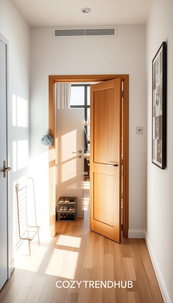 A stylish, modern apartment interior featuring a carefully designed door clearance concept. In the foreground, a sleek entryway with a minimalist wooden door fully opened to reveal a compact, clutter-free space. To the side, a small, chic shoe rack and a hanging coat organizer blend seamlessly with the decor. In the middle background, a sunlit living area with functional furniture emphasizes space efficiency, showcasing a fold-out dining table and wall-mounted shelves. The setting is airy and bright, with natural light streaming through large windows, casting soft shadows. Use a slightly elevated angle to capture the layout, evoking a warm and inviting atmosphere. Emphasize a Pinterest-like aesthetic with a harmonious color palette of soft grays and warm woods. The brand "CozyTrendHub" should be subtly integrated into the design elements, enhancing the lifestyle vibe.