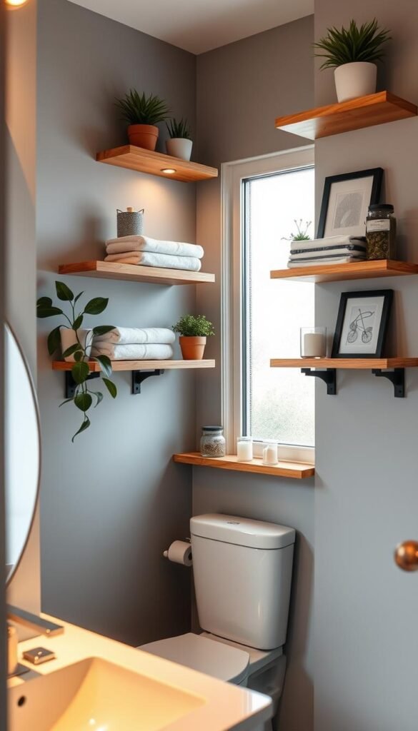 A stylish, modern bathroom featuring elegant over-the-toilet shelves, showcasing a variety of decorative items like potted plants, neatly folded towels, and small storage bins. The shelves are crafted from natural wood, complementing the soft gray walls and white ceramic fixtures. In the foreground, there&rsquo;s a glimpse of a bright white vanity with a small, tasteful mirror reflecting warm, ambient lighting. The middle ground highlights the decorative shelves with a few personal accents like scented candles and framed artwork. In the background, the light streams in through a frosted window, creating a serene atmosphere. The overall mood is cozy and inviting, perfect for small and shared spaces. Captured in a soft-focus lens to emphasize the tranquility and functionality of the bathroom. Styled in line with CozyTrendHub aesthetics.