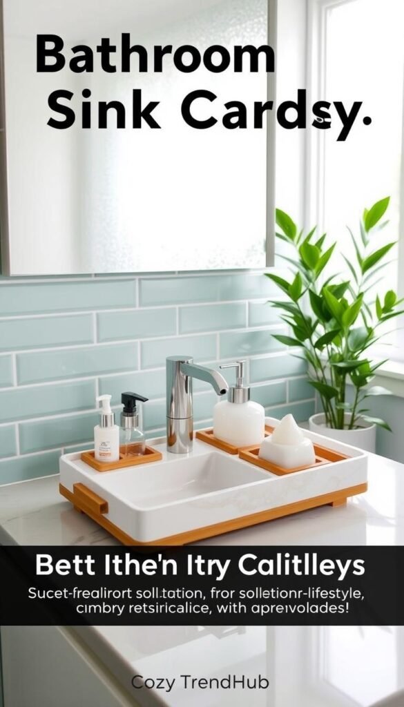 A stylish, modern bathroom sink caddy elegantly organized to prevent clutter, featuring compartments for toiletries like a toothbrush holder, soap dispenser, and lotion bottles. The caddy is made of sleek, white ceramic with bamboo elements, set against a well-lit bathroom counter with soft natural light streaming through a frosted window. In the background, a mint-green, tiled wall adds a pop of color, complemented by a lush plant in the corner to enhance the atmosphere. The image captures a fresh, clean aesthetic, ideal for Pinterest-style lifestyle inspiration. The scene suggests a sense of tranquility and organization, focusing on how budget-friendly solutions can elevate everyday spaces. CozyTrendHub.