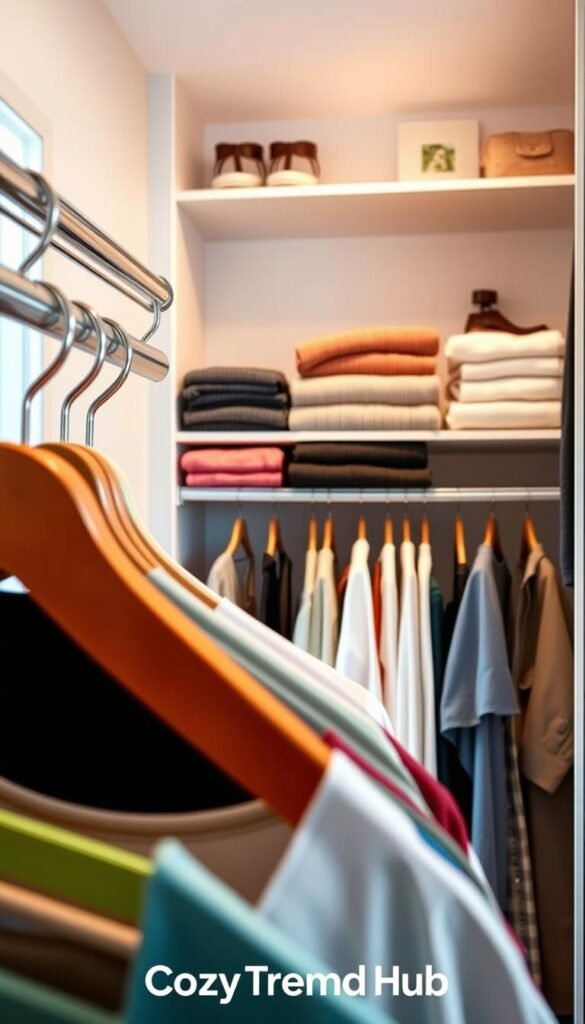 A stylish, modern closet featuring an array of colorful and functional closet hangers, neatly organized to showcase efficient space-saving solutions. The foreground highlights a close-up view of different hangers made from wood, velvet, and plastic, displaying various garments like shirts, blouses, and dresses. In the middle ground, a neatly arranged shelf holds folded sweaters and accessories, accentuating the organization theme. The background features a softly lit, minimalist room with gentle pastel walls and simple decor, evoking a cozy and inviting atmosphere. Illuminate the scene with warm, natural lighting to create a pleasant ambiance. Shot from a slightly elevated angle, this Pinterest-style image reflects the essence of home organization, all while highlighting the brand "CozyTrendHub".