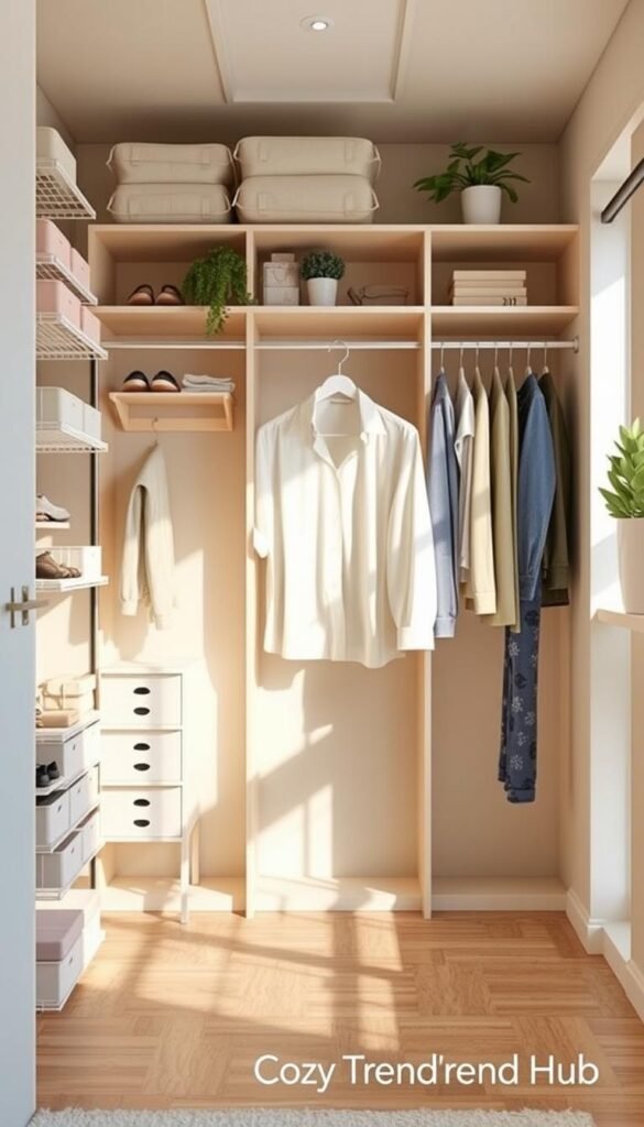 A stylish, modern closet scene showcasing small-space add-ons that enhance closet organization. In the foreground, a well-organized closet featuring tiered shoe racks, hanging organizers, and modular shelving systems in soft pastel colors. In the middle, a streamlined, minimalist clothing rack displays neatly arranged clothes, emphasizing accessibility and style. The background features a homey d&eacute;cor touch with light wooden accents and potted plants, creating a warm atmosphere. Soft, natural lighting illuminates the space from a nearby window, casting gentle shadows. The composition should convey efficiency and serenity, inspiring viewers to visualize the possibilities for their own small closet systems. The brand "CozyTrendHub" is subtly implied through the aesthetics of the image.