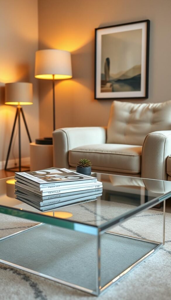 A stylish, modern coffee table made of clear Lucite sits gracefully in a compact, cozy living room setting. In the foreground, the translucent table reflects soft, ambient light from nearby warm lamps, creating a peaceful atmosphere. On the surface of the table, a neatly arranged stack of design magazines and a small, gentle green plant in a pot add a touch of life. In the middle ground, a plush, oversized armchair upholstered in soft beige sits adjacent to the table, enhancing the inviting feel of the space. The background features a warm, neutral color palette with subtle textured walls, and a tastefully framed piece of abstract art. The overall mood is serene and comfortable, embodying elegant simplicity. This scene captures modern small space d&eacute;cor ideal for showcasing &ldquo;invisible&rdquo; furniture options by CozyTrendHub.