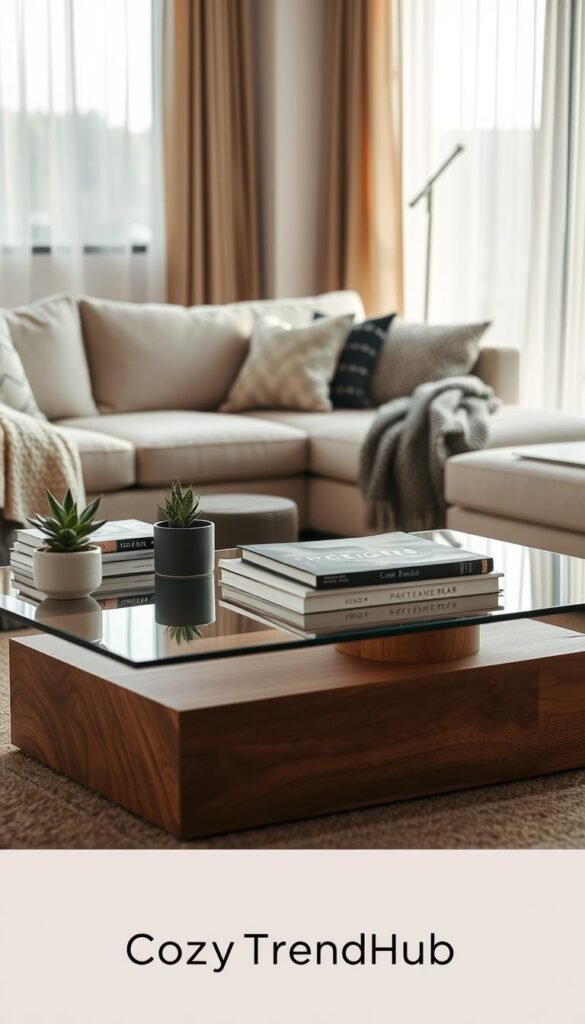 A stylish modern coffee table set in a beautifully decorated living room. In the foreground, the coffee table features a sleek, glass top with a minimalist wooden base, adorned with a curated selection of aesthetic decor items: a small potted succulent, an artfully arranged stack of design magazines, and a cozy textured throw draped over one side. In the middle, the plush seating area includes a chic sectional sofa with neutral tones and patterned cushions. In the background, large windows flood the space with natural light, highlighting sheer curtains that softly sway. The mood is inviting and serene, perfect for modern home aesthetics. Captured with a warm, soft focus, emphasizing a Pinterest-style lifestyle ambiance. Brand name "CozyTrendHub" included for context.