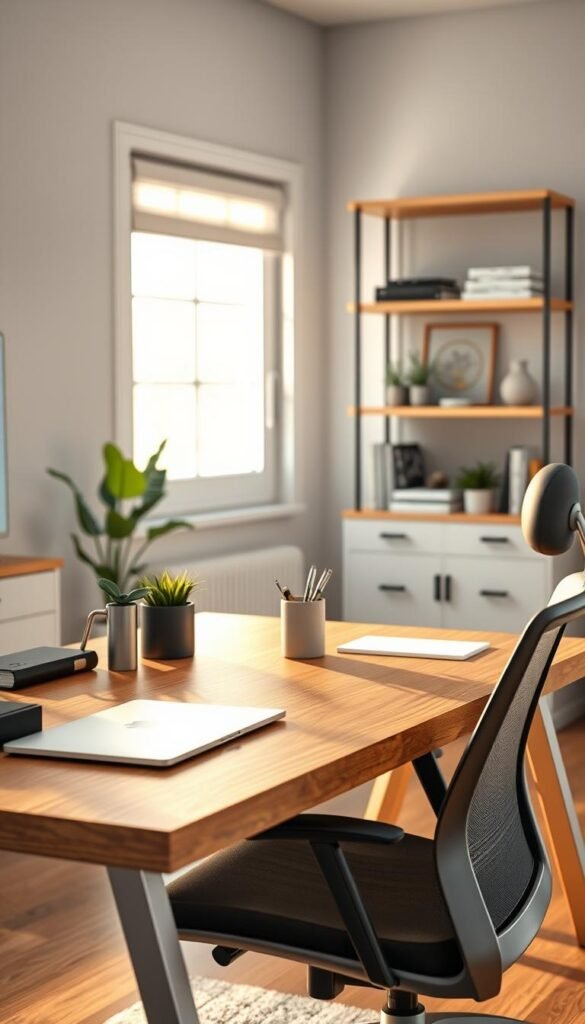 A stylish, modern desk set up in a well-lit home office environment. The foreground features a sleek wooden desk adorned with neatly organized office supplies like a minimalist pen holder, a closed laptop, and a decorative plant. A comfortable ergonomic chair is subtly positioned next to the desk. In the middle background, soft-focus shelves display neatly arranged books and decorative items, while a window allows natural sunlight to stream in, casting gentle shadows. The walls are painted in a calming light gray, enhancing the overall serene atmosphere. Warm lighting emphasizes the cozy yet professional feel of the space. This inspired organization showcases the essence of productivity and tranquility, perfect for a clutter-free workday. Brand name included: CozyTrendHub.