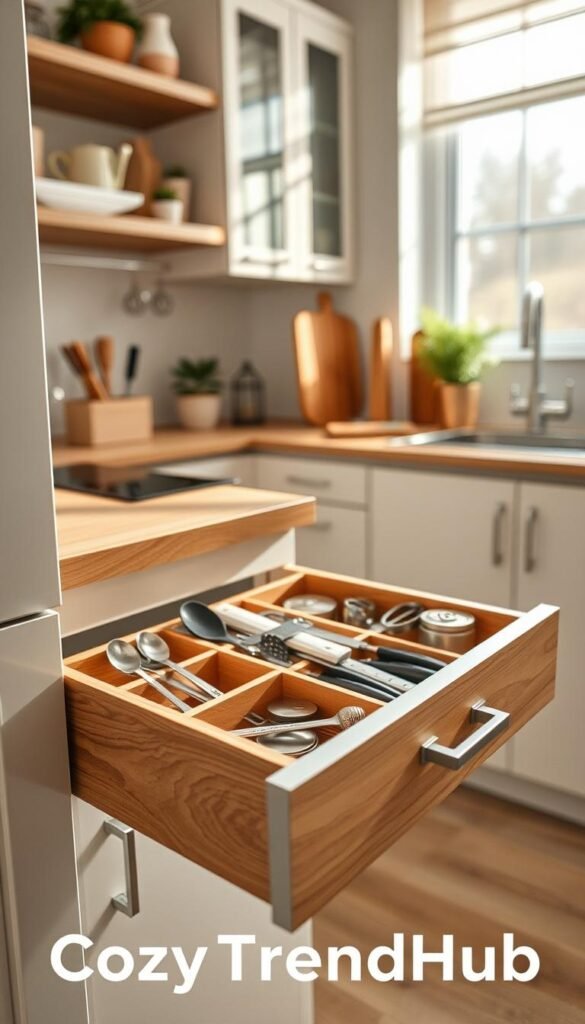 A stylish, modern drawer organizer set in a small kitchen cabinet, featuring multiple compartments filled with assorted kitchen gadgets like measuring spoons, scissors, and a can opener. The foreground showcases the open drawer with a soft focus on its intricate, wood-grain finish, while the middle ground captures the elegantly arranged items inside, emphasizing organization and accessibility. In the background, a tastefully decorated kitchen with warm, natural light streaming through a nearby window creates a cozy, inviting atmosphere. The overall composition should evoke a sense of functionality and minimalist aesthetics, reflecting home decor trends. The brand name "CozyTrendHub" is subtly incorporated into the scene, enhancing the lifestyle feel without cluttering the image. A stylish, modern drawer organizer set in a small kitchen cabinet, featuring multiple compartments filled with assorted kitchen gadgets like measuring spoons, scissors, and a can opener. The foreground showcases the open drawer with a soft focus on its intricate, wood-grain finish, while the middle ground captures the elegantly arranged items inside, emphasizing organization and accessibility. In the background, a tastefully decorated kitchen with warm, natural light streaming through a nearby window creates a cozy, inviting atmosphere. The overall composition should evoke a sense of functionality and minimalist aesthetics, reflecting home decor trends. The brand name "CozyTrendHub" is subtly incorporated into the scene, enhancing the lifestyle feel without cluttering the image.