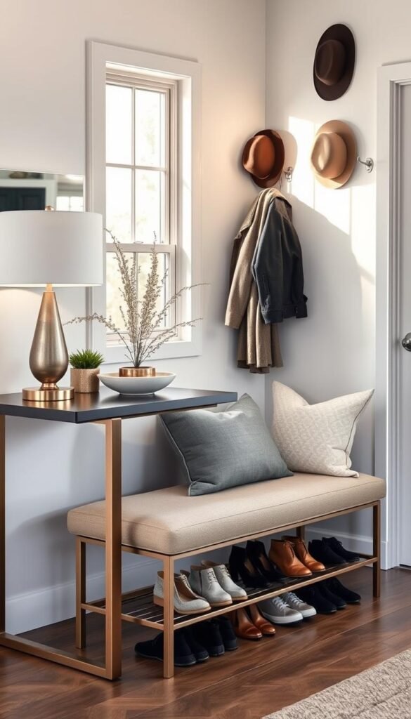 A stylish, modern entry drop zone featuring an organized and inviting space for managing daily clutter. In the foreground, a sleek console table holds decorative items like a small potted plant and a stylish lamp, complemented by a decorative bowl for keys. In the middle, a comfortable, neutral-colored bench with cozy throw pillows invites seating, and an organized shoe rack is underneath, displaying a variety of shoes neatly. The background showcases a wall-mounted coat rack with hats and jackets in professional attire hanging. Warm, natural lighting streams in from a nearby window, creating a welcoming atmosphere. The overall mood is calm and functional, evoking the essence of real-life clutter management. This image reflects the ideal entry drop zone solutions for a harmonious home, presented in a Pinterest-style aesthetic by CozyTrendHub. A stylish, modern entry drop zone featuring an organized and inviting space for managing daily clutter. In the foreground, a sleek console table holds decorative items like a small potted plant and a stylish lamp, complemented by a decorative bowl for keys. In the middle, a comfortable, neutral-colored bench with cozy throw pillows invites seating, and an organized shoe rack is underneath, displaying a variety of shoes neatly. The background showcases a wall-mounted coat rack with hats and jackets in professional attire hanging. Warm, natural lighting streams in from a nearby window, creating a welcoming atmosphere. The overall mood is calm and functional, evoking the essence of real-life clutter management. This image reflects the ideal entry drop zone solutions for a harmonious home, presented in a Pinterest-style aesthetic by CozyTrendHub.