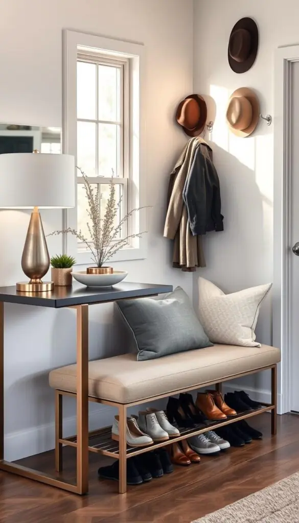 A stylish, modern entry drop zone featuring an organized and inviting space for managing daily clutter. In the foreground, a sleek console table holds decorative items like a small potted plant and a stylish lamp, complemented by a decorative bowl for keys. In the middle, a comfortable, neutral-colored bench with cozy throw pillows invites seating, and an organized shoe rack is underneath, displaying a variety of shoes neatly. The background showcases a wall-mounted coat rack with hats and jackets in professional attire hanging. Warm, natural lighting streams in from a nearby window, creating a welcoming atmosphere. The overall mood is calm and functional, evoking the essence of real-life clutter management. This image reflects the ideal entry drop zone solutions for a harmonious home, presented in a Pinterest-style aesthetic by CozyTrendHub.