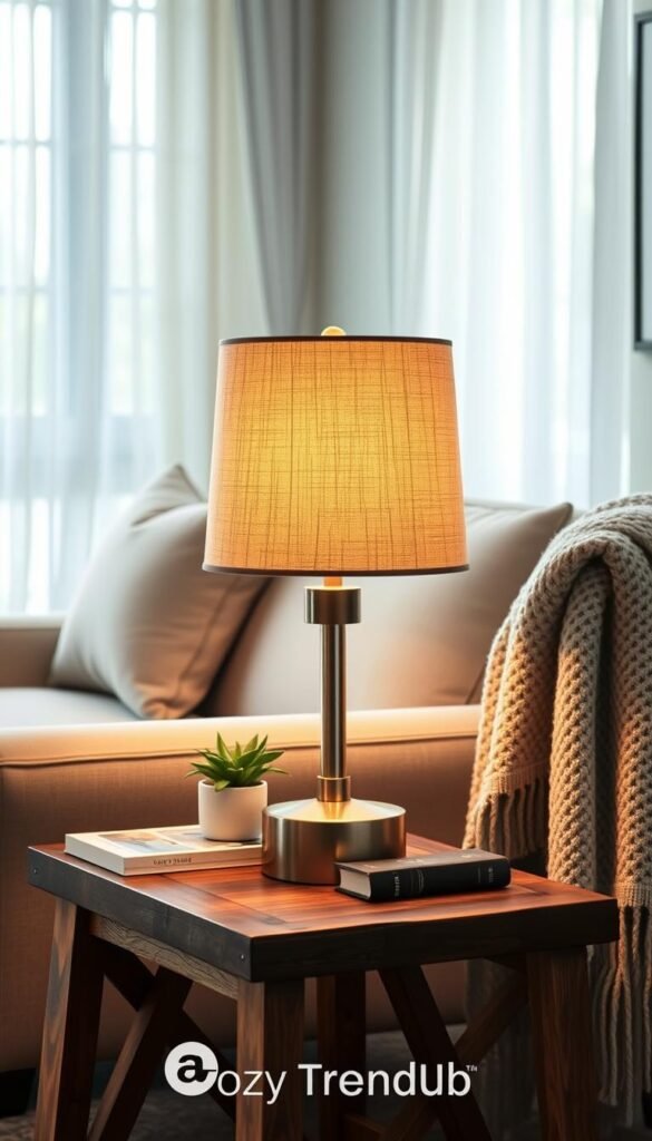 A stylish, modern lamp designed for a cozy home environment, featuring a warm, soft glow emanating from a textured fabric shade. The lamp sits gracefully on a rustic wooden side table adorned with small decorative items like a potted plant and a stack of beautifully bound books. In the background, a softly upholstered chair and a plush throw blanket enhance the inviting atmosphere of the living room. Natural light filters in through sheer curtains, creating a calm, relaxed ambiance. The image is captured with a shallow depth of field to focus on the lamp as the centerpiece. Rendered in a Pinterest-style lifestyle photo, this scene embodies affordable elegance, branded with "CozyTrendHub".