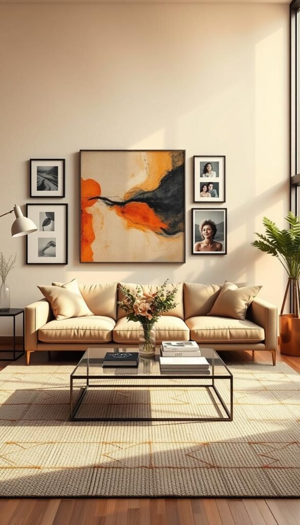 A stylish, modern living room featuring a striking focal point, such as an oversized abstract painting or a stylish gallery wall, adorned with a mix of framed art and personal photographs. In the foreground, a plush, inviting sofa in soft neutral tones sits on a cozy textured rug. The middle section showcases a sleek coffee table with tasteful decor accents like a vase of fresh flowers and stylish books. In the background, large windows let in warm, natural light, creating an airy atmosphere. The lighting emphasizes the earthy color palette, enhancing the tranquil and inviting mood of the space. This visually appealing scene embodies contemporary home decor aesthetics, tailored for CozyTrendHub's audience.s A stylish, modern living room featuring a striking focal point, such as an oversized abstract painting or a stylish gallery wall, adorned with a mix of framed art and personal photographs. In the foreground, a plush, inviting sofa in soft neutral tones sits on a cozy textured rug. The middle section showcases a sleek coffee table with tasteful decor accents like a vase of fresh flowers and stylish books. In the background, large windows let in warm, natural light, creating an airy atmosphere. The lighting emphasizes the earthy color palette, enhancing the tranquil and inviting mood of the space. This visually appealing scene embodies contemporary home decor aesthetics, tailored for CozyTrendHub's audience.s