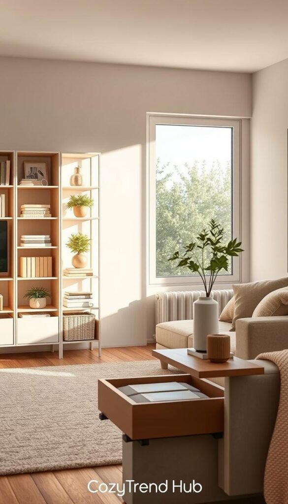 A stylish, modern living room featuring innovative storage solutions that maximize space without overcrowding the area. In the foreground, showcase a chic, minimalist shelving unit filled with decorative boxes, books, and plants, emphasizing functionality and aesthetic appeal. The middle ground highlights a beautiful, floating side table with hidden storage compartments adorned with a small decorative lamp and a plant. In the background, soft natural light streams through a large window, creating a warm and inviting atmosphere, and reflecting off the smooth, neutral-colored walls. Incorporate cozy textures with a plush area rug and soft cushions on a minimalist sofa, enhancing the scene's inviting feel. Ensure the image embodies a Pinterest-style lifestyle aesthetic, branded with "CozyTrendHub" to reflect elegance and practicality in home decor.