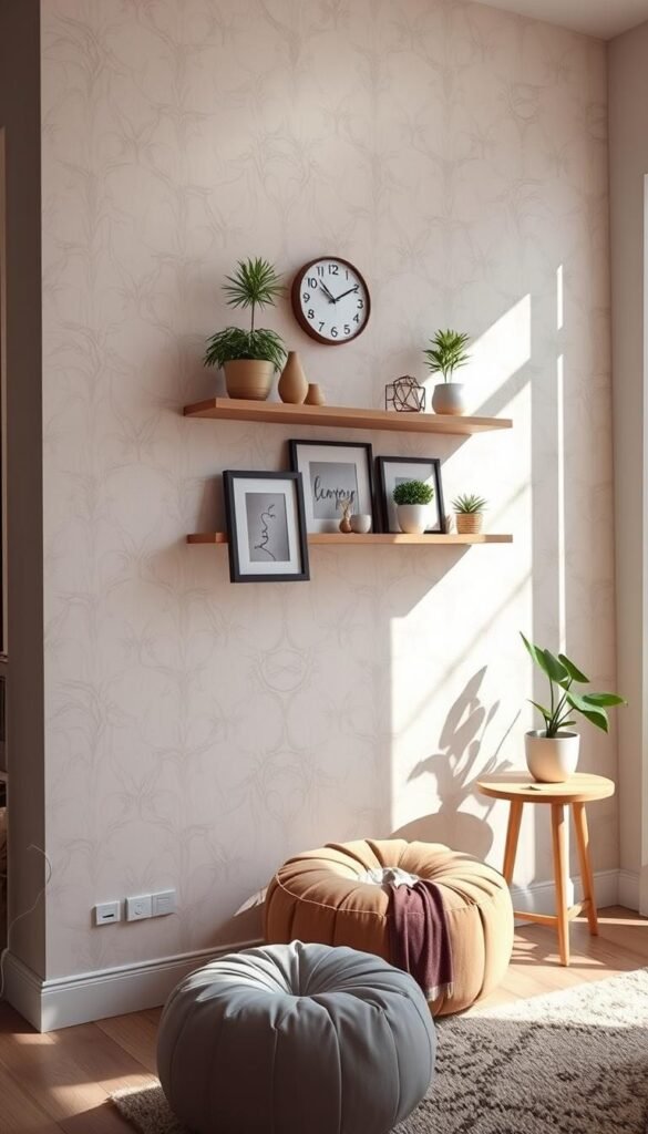 A stylish, modern living room wall adorned with removable peel-and-stick wallpaper in a soft pastel pattern, showcasing elegant shelves with indoor plants and decorative items. In the foreground, a cozy pouf and a small side table complement the wall decor, emphasizing a renter-friendly design. The middle layer features framed art prints and a contemporary clock, adding personality without damage to the wall surface. The background includes a large window with natural light streaming in, casting soft shadows to create a warm, inviting atmosphere. The scene reflects a Pinterest-inspired aesthetic, perfect for renters looking for stylish yet temporary decor solutions. Bright, airy lighting enhances the color palette, exuding a sense of comfort and creativity. CozyTrendHub.