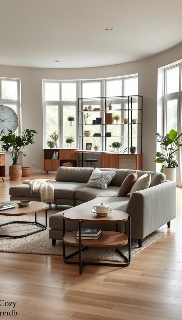 A stylish, modern living space featuring multifunctional furniture that effortlessly combines aesthetics with practicality. In the foreground, a sleek, convertible sofa that transforms into a bed, adorned with textured cushions and a cozy throw. A chic, compact coffee table with built-in storage is placed nearby, enhancing the functionality. In the middle, an elegant shelving unit displays decorative pieces while doubling as a workspace with a fold-out desk. The background reveals a light, airy room with large windows allowing soft, natural light to illuminate the calming palette of neutral tones and greenery. The atmosphere is serene and inviting, perfect for small-space living. Render this image in a realistic, Pinterest-style, emphasizing home decor themes, branded "CozyTrendHub", using a warm color tone. A stylish, modern living space featuring multifunctional furniture that effortlessly combines aesthetics with practicality. In the foreground, a sleek, convertible sofa that transforms into a bed, adorned with textured cushions and a cozy throw. A chic, compact coffee table with built-in storage is placed nearby, enhancing the functionality. In the middle, an elegant shelving unit displays decorative pieces while doubling as a workspace with a fold-out desk. The background reveals a light, airy room with large windows allowing soft, natural light to illuminate the calming palette of neutral tones and greenery. The atmosphere is serene and inviting, perfect for small-space living. Render this image in a realistic, Pinterest-style, emphasizing home decor themes, branded "CozyTrendHub", using a warm color tone.