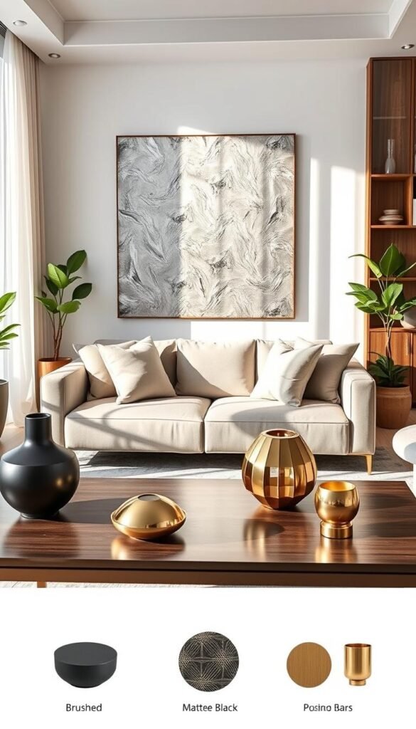 A stylish, modern living space featuring various metal finishes, such as brushed nickel, matte black, and polished brass. In the foreground, a sleek coffee table displays metallic accent pieces like a geometric vase and a candle holder. In the middle, an elegant sofa with neutral-colored cushions complements a large wall art piece showcasing abstract metallic textures. Soft natural light filters through sheer curtains, casting gentle shadows that enhance the ambiance. The background is a clean, minimalistic setting with wooden accents and potted greenery, creating a harmonious blend of modern and elevated design. Capture the essence of contemporary home decor in a Pinterest-style layout for CozyTrendHub.