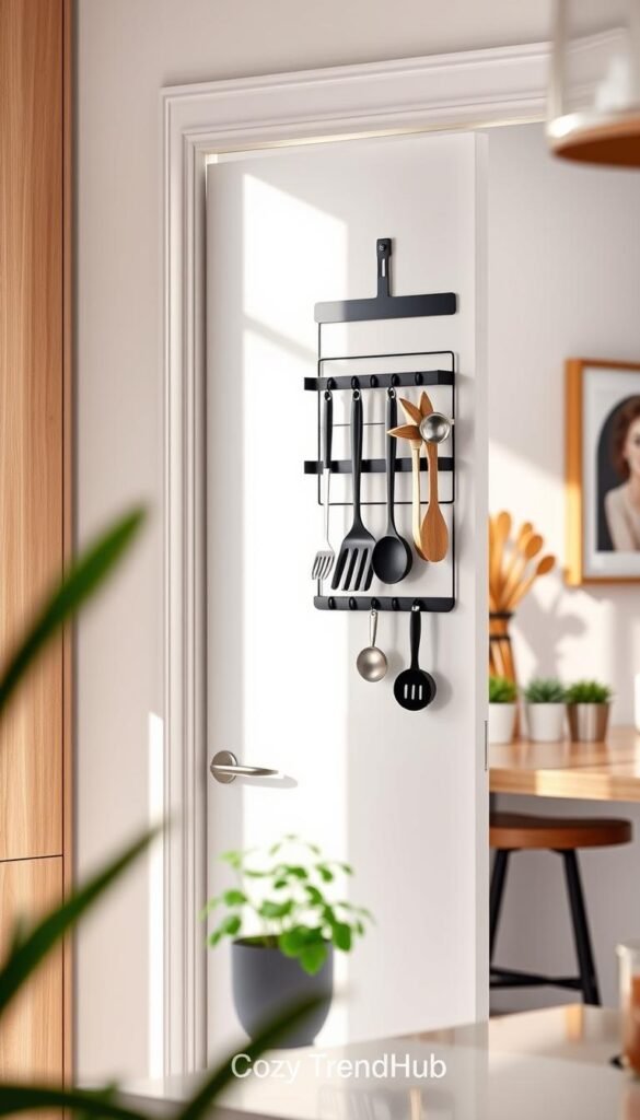 A stylish, modern over-the-door rack hanging on the back of a sleek, white interior door, adorned with neatly organized kitchen utensils like spatulas and measuring cups. The rack features a minimalist design with a matte black finish, contrasting beautifully with the light wood cabinetry in the kitchen. In the foreground, soft, natural light filters through a nearby window, illuminating the scene and casting gentle shadows. The middle ground shows a cozy kitchen setting, complete with potted herbs on the counter and tasteful wall art in the background. The atmosphere is warm and inviting, reflecting a Pinterest-inspired aesthetic. This image should represent the concept of efficient home storage without occupying floor space. Include the brand name &ldquo;CozyTrendHub&rdquo; subtly integrated into the design.