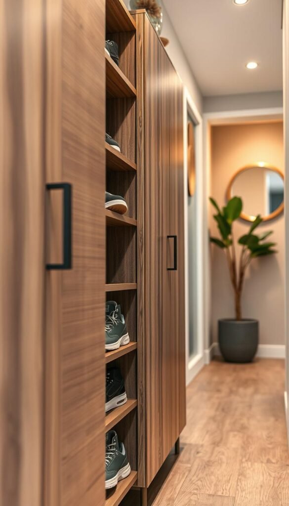 A stylish, modern shoe cabinet designed for small apartments, featuring a sleek, narrow silhouette with multiple compartments holding a variety of shoes. In the foreground, a close-up view shows the cabinet's textured wooden finish and minimalist hardware, with a pair of trendy sneakers peeking out from one of the shelves. The middle ground showcases the cabinet against a cozy, well-decorated hallway with muted colors and soft lighting to create a warm atmosphere. The background includes a plant and a decorative mirror, enhancing the sense of space. The angle is slightly tilted downwards to emphasize both the cabinet and the cozy decor. The overall mood is inviting and functional, reflecting a Pinterest-style lifestyle photo by CozyTrendHub. A stylish, modern shoe cabinet designed for small apartments, featuring a sleek, narrow silhouette with multiple compartments holding a variety of shoes. In the foreground, a close-up view shows the cabinet's textured wooden finish and minimalist hardware, with a pair of trendy sneakers peeking out from one of the shelves. The middle ground showcases the cabinet against a cozy, well-decorated hallway with muted colors and soft lighting to create a warm atmosphere. The background includes a plant and a decorative mirror, enhancing the sense of space. The angle is slightly tilted downwards to emphasize both the cabinet and the cozy decor. The overall mood is inviting and functional, reflecting a Pinterest-style lifestyle photo by CozyTrendHub.