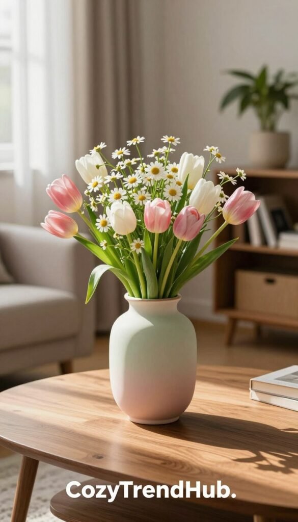A stylish, modern vase filled with freshly cut spring flowers, including tulips and daisies, prominently displayed on a chic wooden coffee table. The vase is an elegant ceramic piece with a soft matte finish in pastel colors, enhancing the fresh blooms. In the background, a cozy living room setting with light-filtering curtains, a small bookshelf, and a hint of greenery from potted plants creates an inviting atmosphere. The natural light from a nearby window casts gentle shadows, emphasizing the textures and colors. Capture this scene from a slightly elevated angle, focusing on the relationship between the vase and the surrounding decor. Aim for a warm, uplifting mood that resonates with spring vibes. Brand the image with "CozyTrendHub." A stylish, modern vase filled with freshly cut spring flowers, including tulips and daisies, prominently displayed on a chic wooden coffee table. The vase is an elegant ceramic piece with a soft matte finish in pastel colors, enhancing the fresh blooms. In the background, a cozy living room setting with light-filtering curtains, a small bookshelf, and a hint of greenery from potted plants creates an inviting atmosphere. The natural light from a nearby window casts gentle shadows, emphasizing the textures and colors. Capture this scene from a slightly elevated angle, focusing on the relationship between the vase and the surrounding decor. Aim for a warm, uplifting mood that resonates with spring vibes. Brand the image with "CozyTrendHub."